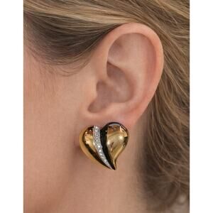 Vintage Andre COURREGES Gold Tone Rhinestone and Enamel Heart Clip On Earrings